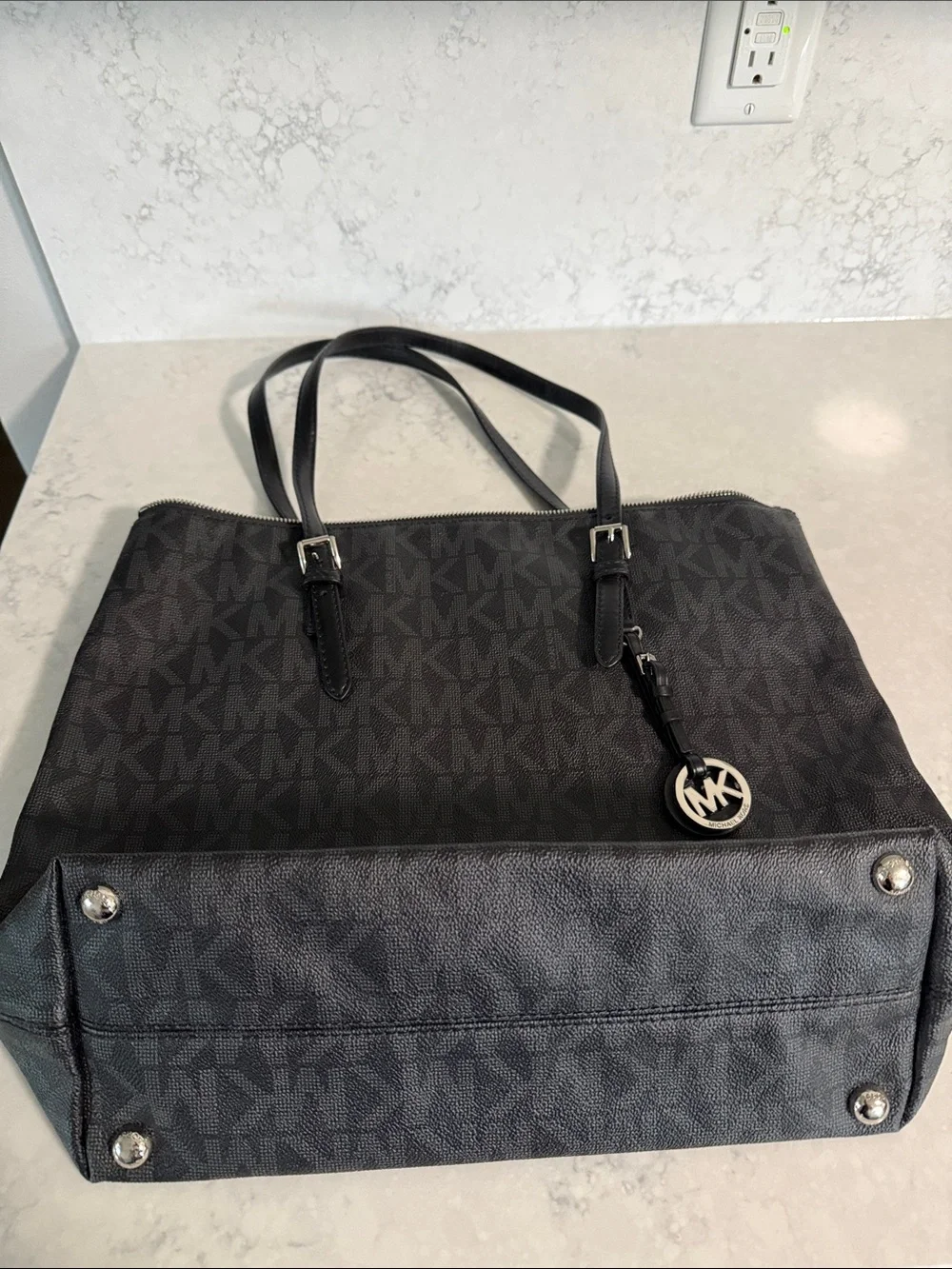 Michael Kors Black Logo Tote Bag- signature MK print; silver hardware